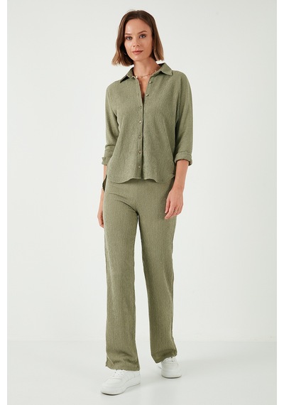 Lela Streç Regular Fit Dokulu Bayan Gömlek 5865975 Olive