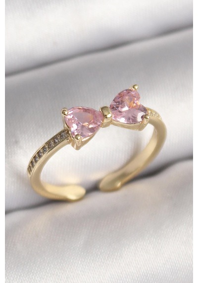 Pirinç Gold Renk Pembe Zirkon Taşlı Kalp Fiyonk Model Kadın Yüzük Altın