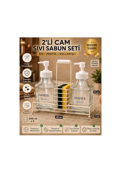 2 Li Cam Sıvı Sabunluk Ve Deterjanlık Seti Sünger Hazneli Metal Standlı, Beyaz Pompalı Mutfak & Banyo Seti Beyaz