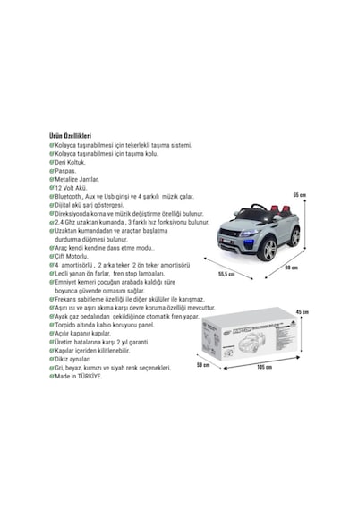 Bebemango Raptor Gt 12v Uzaktan Kumandalı Akülü Çocuk Arabası Çift Motorlu Led Farlı Gri