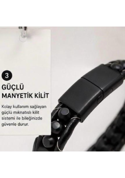 Oniks Taşlı Erkek Deri Bileklik Çelik Halat Örgü, Premium Siyah Bileklik