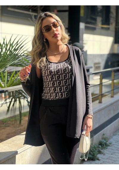Kadın Uzun Kollu Krep Üçlü Takım Siyah