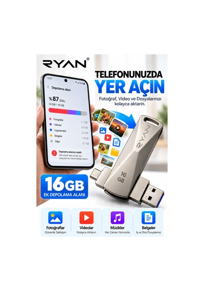 16 Gb Otg Flash Bellek Type-c Usb Bellek Usb 3.0 Çift Girişli 2in1