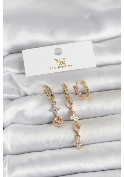 Pirinç Gold Renk Pembe Zirkon Taşlı 3& 39lü Kadın Küpe Diğer