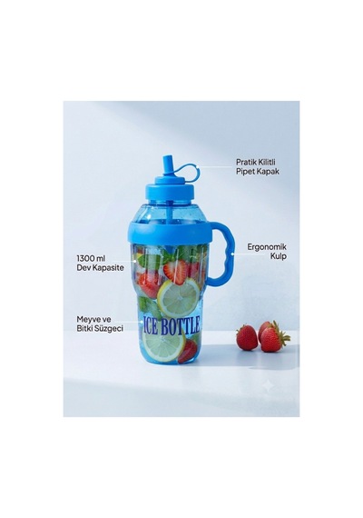 1300 Ml Süzgeçli Motivasyonel Matara - Detoks Ve Sporcu Su Matarası - Sızdırmaz Pipetli Suluk Mavi - 899448450 Mavi