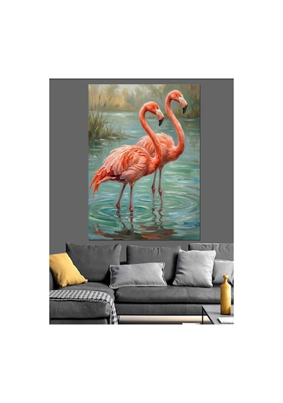 Su İçinde Duran Pembe Flaminpolar Yağlı Boya Dokulu Kanvas Tablo Canvas Tablosu
