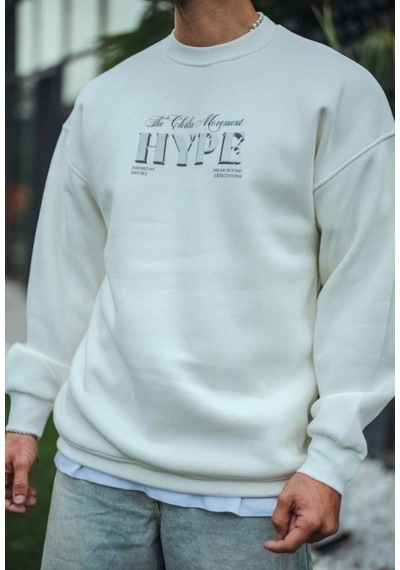 Modi Üç İplik Bisiklet Yaka Baskılı Sweatshirt - Beyaz Açık Kahverengi - Beyaz