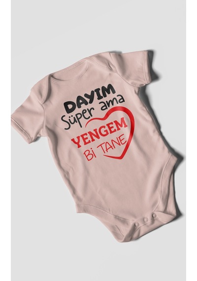 Morivokids Dayım Süper Ama Yengem Bir Tane Kısa Kollu Bebek Body %100 Pamuk Pastel Pembe