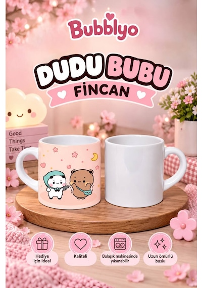 Dudu Bubu Sevimli Fincan Kupa Seti Çiftlere Özel Tatlı Tasarım Hediye Kupa Beyaz Beyaz