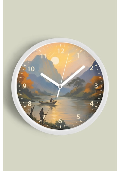 Doğa Manzara Temalı Modern Duvar Saati - 42cm - Önü Camlı Beyaz Kasa - Sessiz Mekanizma-jh0767 Beyaz