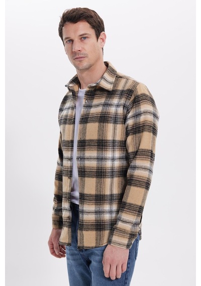 Tudors Erkek Slim Fit Dar Kesim Kareli Kışlık Oduncu Gömlek-42209 Kahverengi