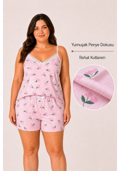 Bravie Kadın Büyük Beden İp Askılı Yakası Dantelli Pembe Kiraz Desenli Yazlık Pijama Takımı