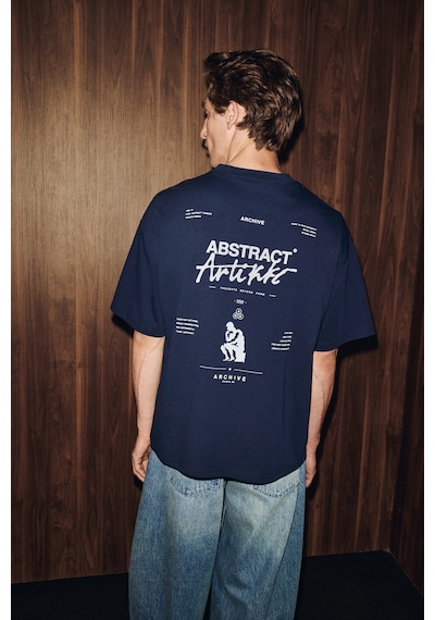 Grimelange Kyren Erkek Organik Pamuklu Önü Ve Arkası Baskılı Yuvarlak Yaka Lacivert T-shirt