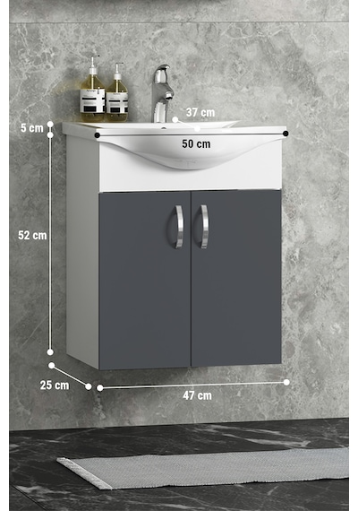 Yıldız 50 Cm Antrasit Gri Mdf Seramik Lavabolu Asma Alt Banyo Dolabı Beyaz-antrasit Gri Mat Yıldız 50 Cm Antrasit Gri Mdf Seramik Lavabolu Asma Alt Banyo Dolabı Beyaz-antrasit Gri Mat