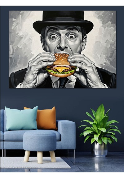 Ahşap Tablo Hamburger Yiyen Karizmatik Modern Adam