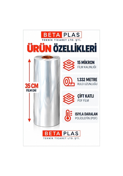 BETAPLAS POF Shrink Film 35 cm x 15 Mikron – 1.332 Metre – Çift Katlı-Isıyla Daralan Ambalaj Filmi