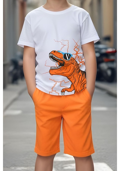 Fyk Kids Gözlüklü Dinazor Baskılı Erkek Çocuk Alt-Üst Takım - Turuncu
