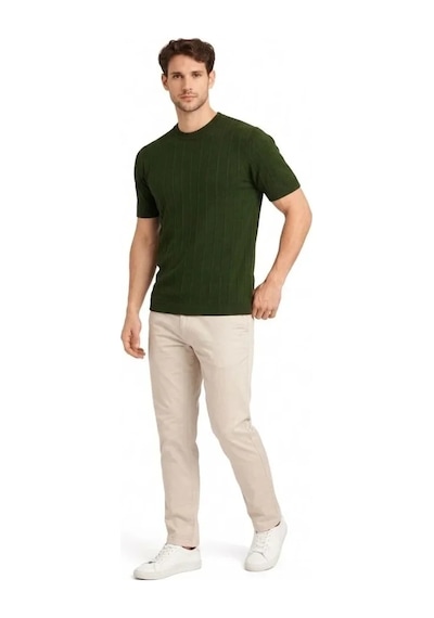 Vexor Erkek Yazlık Fitilli Triko Tişört Kısa Kol Bisiklet Yaka T-shirt - Haki