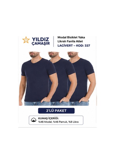 Yıldız Çamaşır Erkek Modal Bisiklet Yaka Likralı Fanila Atlet 335-336-337-338 - 3 Adet Lacivert