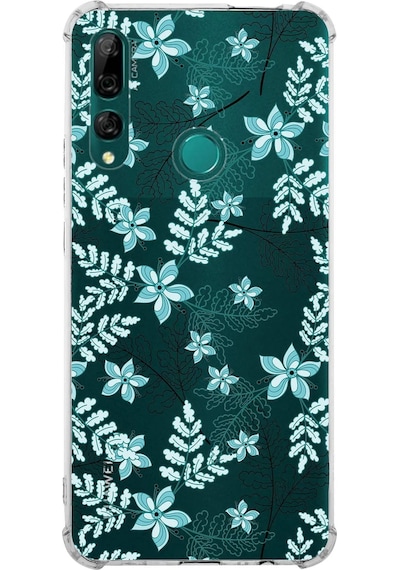Huawei Y9 Prime 2019 Uyumlu Köşe Korumalı Floral Su Yeşili Tasarımlı Şeffaf Silikon Kılıf