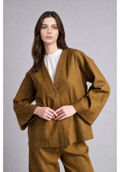Defacto Regular Fıt V Yaka Keten Kimono H3219ax26aukh257 Haki-kh257