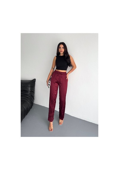 Gugus Kadın Saten Pantolon Trend Wide Leg Model Bordo