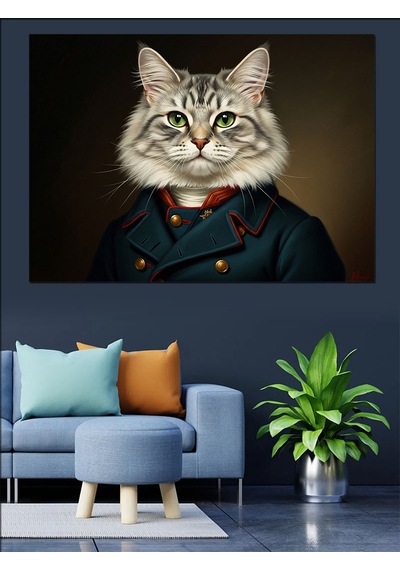 Askeri Üniformalı Aristokrat Kedi Portresi Dekoratif Kanvas - Mdf Ahşap Tablo
