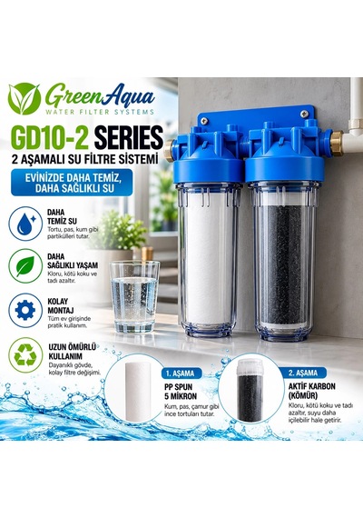 Green Aqua Gd10-2 2 Aşamalı 10" Su Arıtma Ve Filtre Sistemi 1" Giriş / Çıkış
