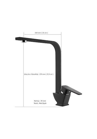Tema Kare Slim Tek Gövde Kuğu Evye Mutfak Bataryası Mat Siyah
