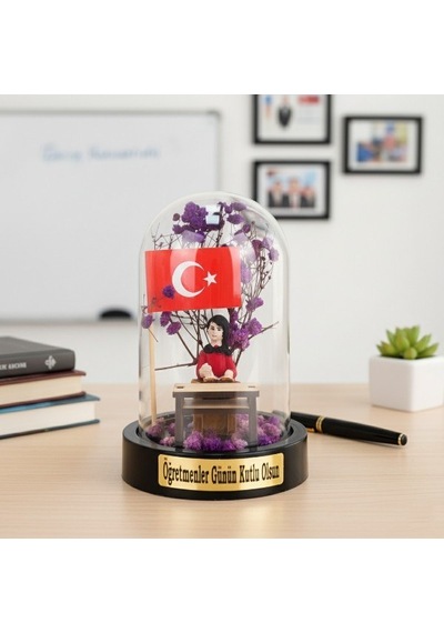 Türk Bayraklı Sıralı Ters Fanus - Öğretmenler Günü Hediyesi Hediyelik Sürpriz Hediye Masa Süsü