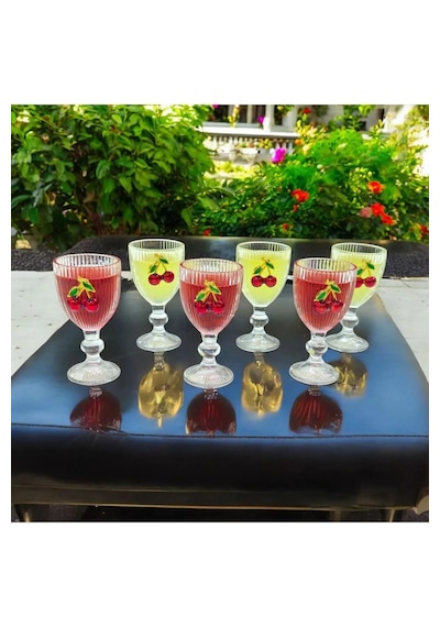 6 Lı Kristal Cam Kahve Yanı Bardağı Kiraz Bardak Kirazlı 75ml