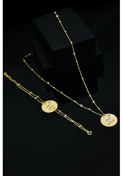 Papatya Silver 925 Ayar Gümüş Altın Kaplama Firuze Nazar Mineli Plaka Kolye Bileklik Set