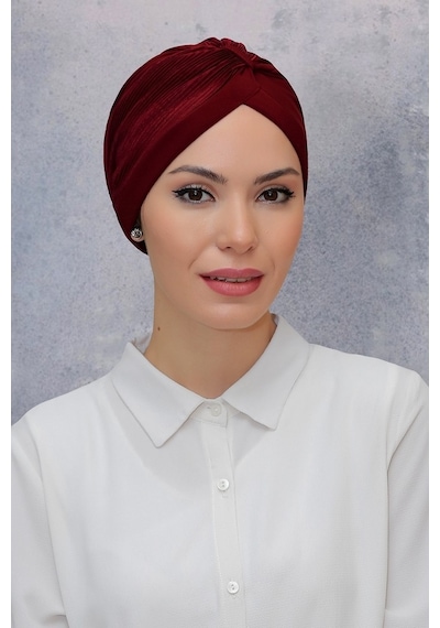 Hürrem Bone Bordo Pratik Hazır Geçmeli Tesettür Bone Fukuro Sandy Kumaş Büzgü Bordo
