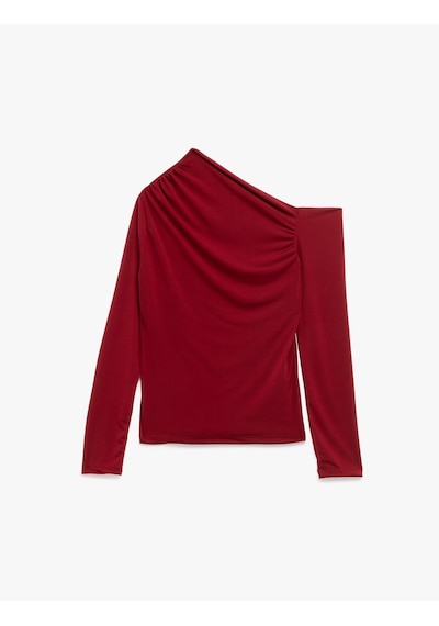 Koton Slim Fit Drape Detaylı Uzun Kollu Asimetrik Tek Omuz Tişört Bordo 6wak80016ek Bordo