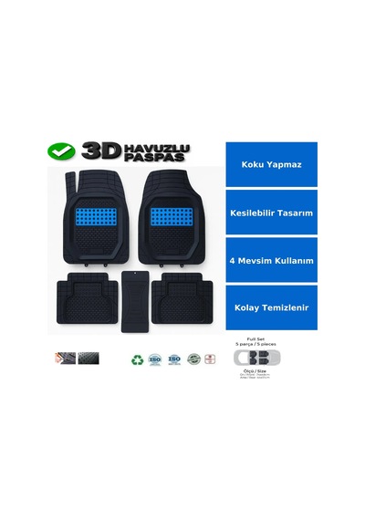 Renault Kango Combi 2002 Uyumlu 3 Cm Havuzlu 5 Parça Set 3d Paspas Takımı Siyah - Mavi