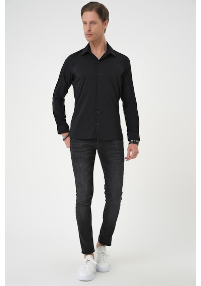 Efor Slim Fit Erkek Yaka Esnek Pamuk Klasik Beyaz Siyah Gömlek Gk 737 Siyah