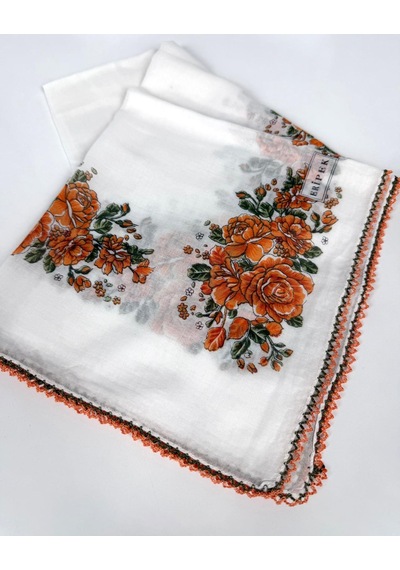 Eripek Oyalı Organik Pamuklu Yazma- 06083 Beyaz-turuncu