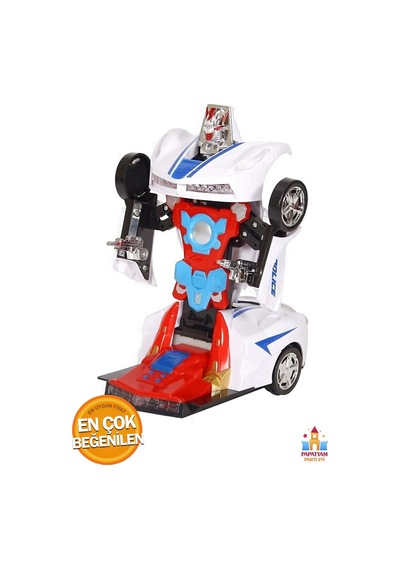 Oyuncak Pilli Hareket Eden Robota Dönüşen Işıklı Sesli Polis Robot Arabası Otomatik Robota Dönüşen Beyaz Mavi