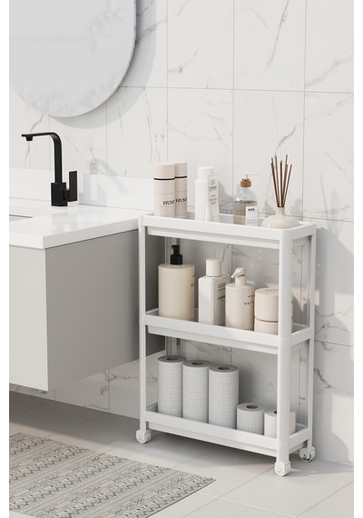 Slim Beyaz Tekerlekli Dikdörtgen 3 Katlı Raf Ünitesi - Banyo Mutfak Düzenleyici Organizer Raf Modern