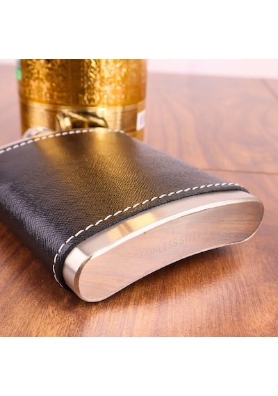 Perlotus 8 Oz 235 Cc Hunili Siyah Hakiki Deri Kılıflı Çelik Viski İçki Matarası Siyah