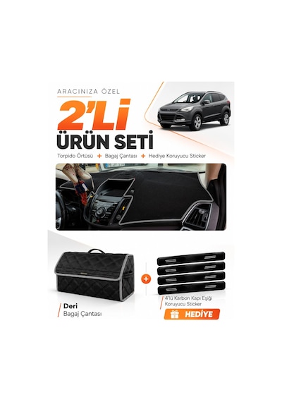 E-biz Ford Kuga 2013-2015 Uyumlu Torpido Örtüsü + Deri Bagaj Çantası Seti - Siyah-gri - Fo026