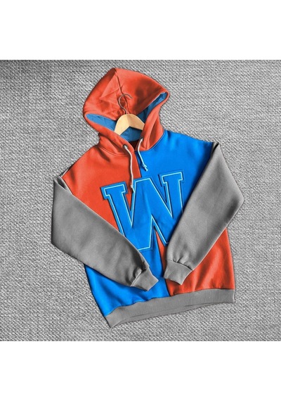 Assema Kadın W Nakış İşlemeli Kapüşonlu Üç İplik Pamuklu Sweatshirt - Mavi Çok Renkli