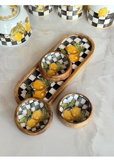 Crearthome Linda 4 Lü Çerezlik Seti Mango Ağacı Servis Sunum Tabağı Limon Desen Miss9663-43 çok renkli