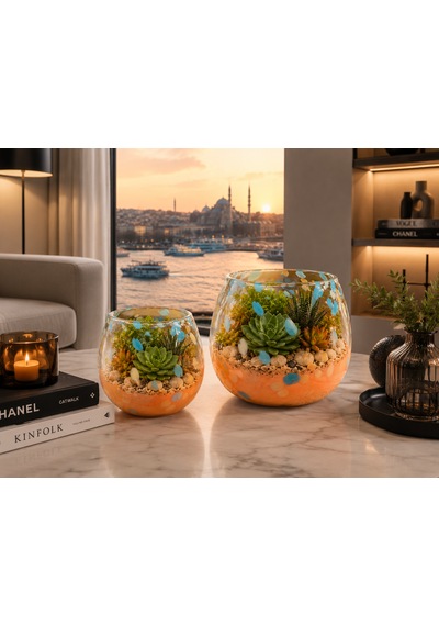 2 Li Üfleme Cam Teraryum Saksı Seti Turuncu Mavi Benekli Dekoratif Cam Kase Vazo 15x13 Cm Ve 18x17 Cm