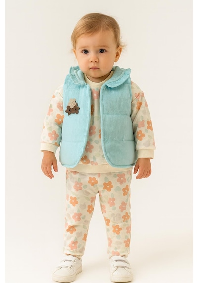 Kız Bebek Çiçek Desenli 3 Lü Takım Sweatshirt, Pantolon Ve Yelek 5131y Karışık