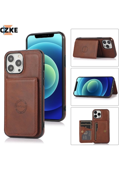 Iphone 13 Pro Max Uyumlu Kart Bölmeli Cüzdanlı Deri Kılıf Kahverengi