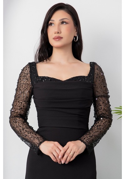 Kalopya Kalp Yaka Kollae Pulpayet Abiye Elbise Ecr5492 Siyah