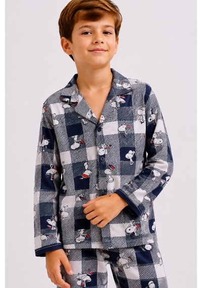 Free Beka Erkek Çocuk Önden Düğmeli Kareli Ve Karakter Desenli Uzun Kollu Pijama Takımı Turkuaz