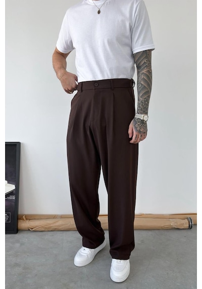 Kahverengi Pileli Baggy Kumaş Pantolon