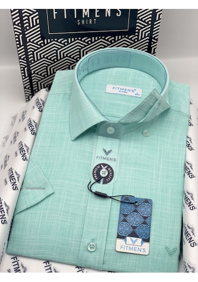 Klasik Kısa Kol Keten Yaka Alttan Düğmeli Rahat Kumaş Hediye Kutulu Erkek Gömlek Fs-004588 - Mint-3340